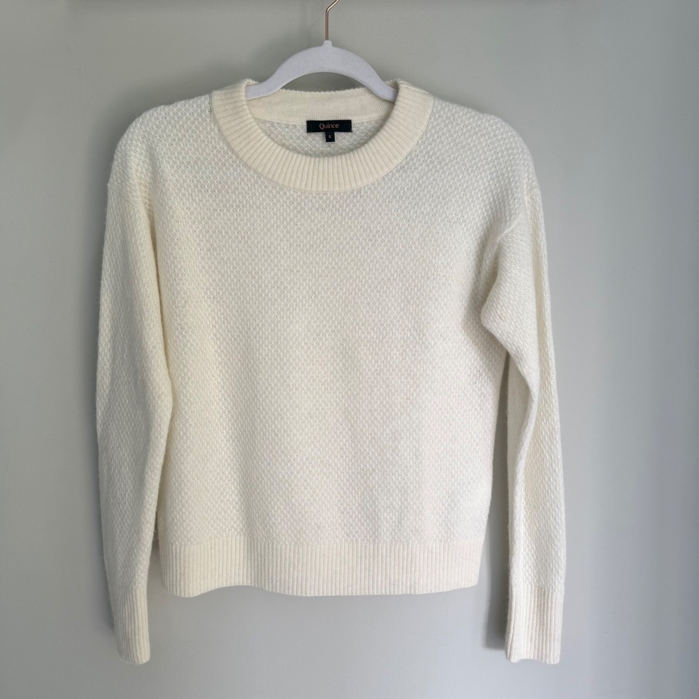 Quince Sweater Ivory Baby Alpaca Wool Diamond Stitch Crew Neck Size Small